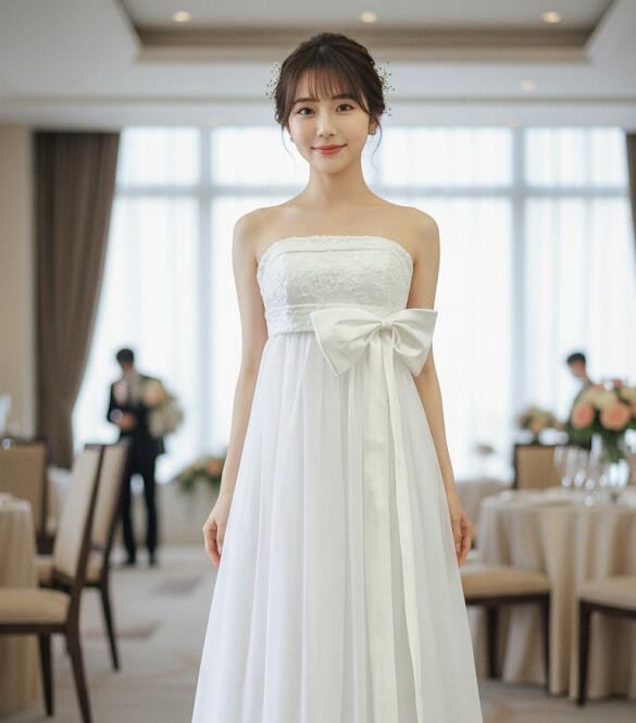 ウエディングドレス ウェディングドレス エンパイアドレス リボン付き 結婚式 前撮り サイズ調整 編み上げ 8895