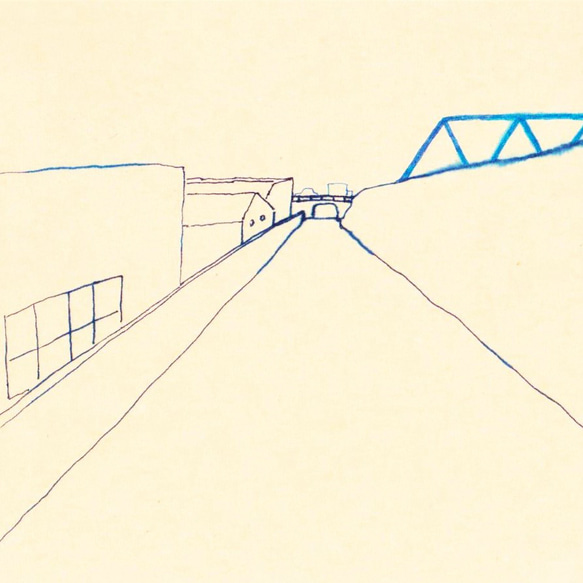 原画「青い橋のある風景」ドローイング作品　※木製額縁入り 4枚目の画像