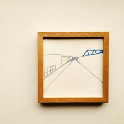 原画「青い橋のある風景」ドローイング作品　※木製額縁入り 3枚目の画像