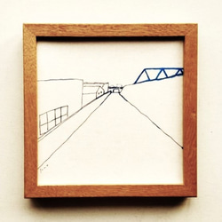 原画「青い橋のある風景」ドローイング作品　※木製額縁入り 1枚目の画像