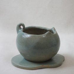 青ネコちゃん陶製植木鉢(雲皿付き) 1枚目の画像