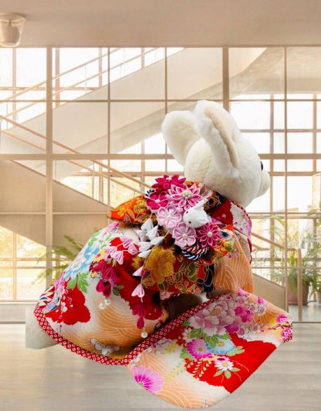 犬服/猫服　晴れ着　一越ちりめん・波文様に花(赤) 振袖スタイル　お引きづり/通常着丈選択可能 [K2305]