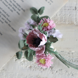 布花アンティークピンクのアネモネの花束ブローチ 4枚目の画像