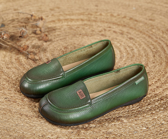 レディースシューズ　本革レザー　オールシーズン　ハンドメイド　天然ゴム 履きやすい　疲れにくい　グリーン色 SH120 1枚目の画像