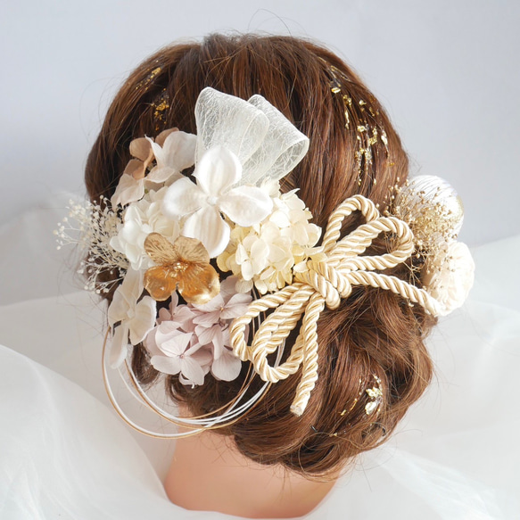 L5 ダブルリボン 和玉 水引 髪飾り 白 ゴールド ベージュ 卒業式 袴