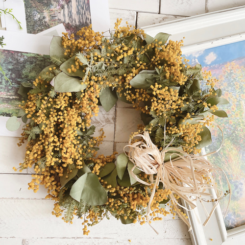 春色新作2023 ミモザのリース B＊ドライフラワー 27センチ
