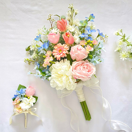 アーティフィシャルフラワーブーケ　ピンクブルー オーダーメイド】ピンクローズ&水色あじさいのフレッシュ クラッチ