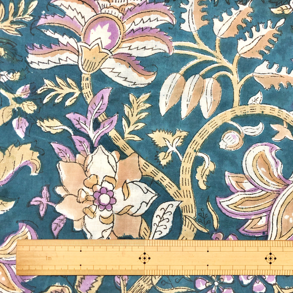 [50cm單位]海軍紫米色花朵印度手工塊印花布料紡織棉 第7張的照片