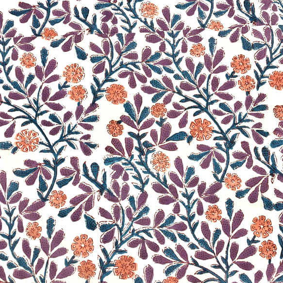 【50cm單位】白色鮭魚粉紅花朵紫色海軍葉印度手工塊印花布料棉質 第3張的照片