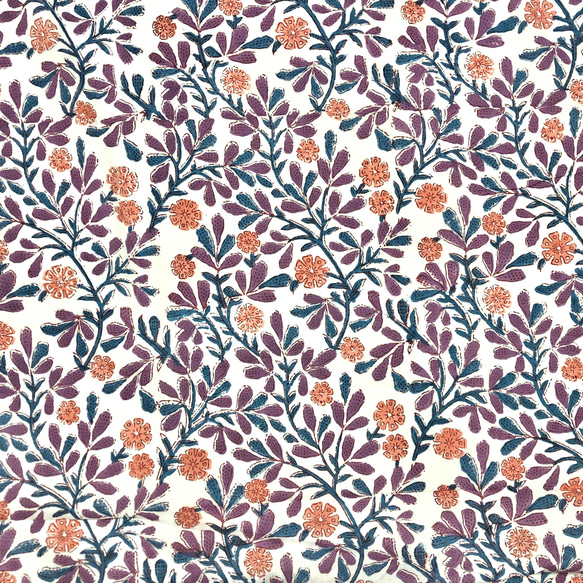 【50cm單位】白色鮭魚粉紅花朵紫色海軍葉印度手工塊印花布料棉質 第4張的照片