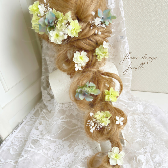 グリーン　髪飾り　ヘッドドレス　オール本物花 ヘッドドレス 赤 ワインレッド グリーン・緑 チュールと大きな花