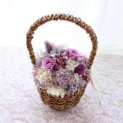 古希にフラワーバスケットアレンジ パープル プリザーブド 花 むらさき
