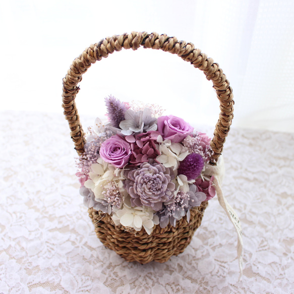 古希にフラワーバスケットアレンジ パープル プリザーブド 花 むらさき