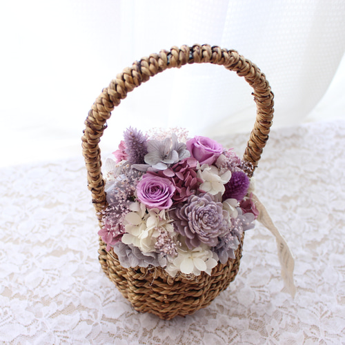 古希にフラワーバスケットアレンジ パープル プリザーブド 花 むらさき