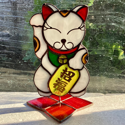 ビンテージ　NYBRO社ガラスオブジェの猫　おまけ付き ブロンズ調本乗りネコさん♪ 置き物 オブジェ 猫 ねこ