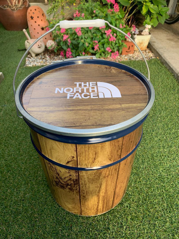 【２セット】　オープンペール缶 20L　キャンプ　薪入れ　テーブルチェア　焚火缶 オープンペール缶 20L リメイクウッド仕上げ 薪入れ テーブル