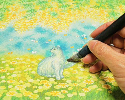 水彩画/原画】ミモザと猫 タペストリー・壁掛け てじまともこ 通販