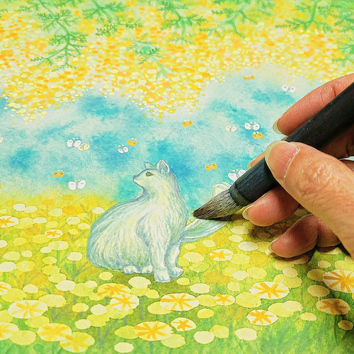 水彩画/原画】ミモザと猫 タペストリー・壁掛け てじまともこ 通販