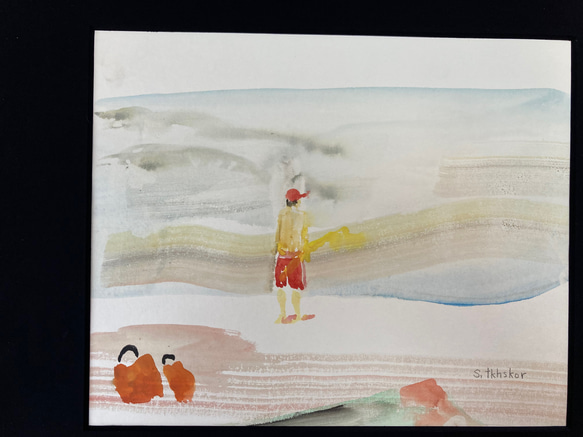 水彩画　海を眺めるライフセーバー（湘南海岸より） 5枚目の画像