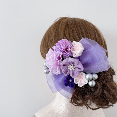 つまみ細工の髪飾り【パープルのオーガンジーリボンとお花セット