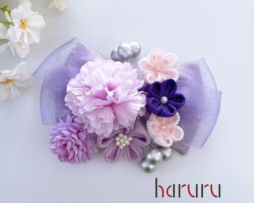 つまみ細工の髪飾り【パープルのオーガンジーリボンとお花セット