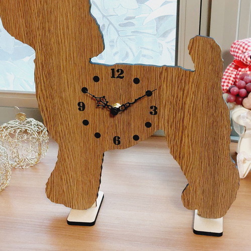 トイプードル 置時計スタンド付き壁掛け時計 木目 静音時計