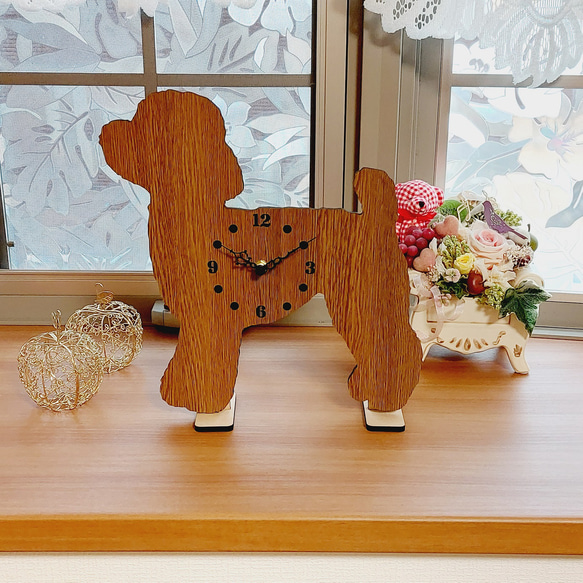 トイプードル 置時計スタンド付き壁掛け時計 木目 静音時計 掛け時計