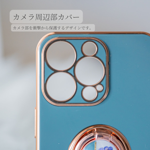 レースフラワーデザイン　iphoneケース スマホケース リング付き 押し花 ワイヤーアート 　青　ブルー 4枚目の画像