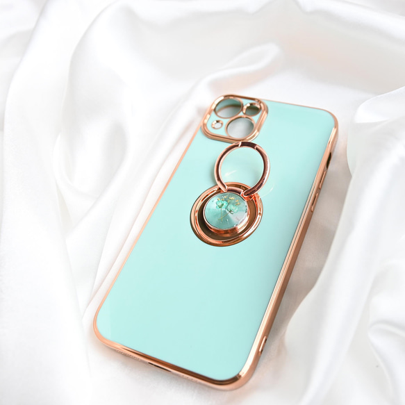 アリッサムデザイン　iphoneケース スマホケース リング付き 押し花 ドライフラワー 　青　ライトブルー　スマートフ 3枚目の画像