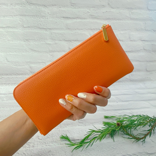 薄くて軽いL字長財布 24枚カードポケット 牛革シュリンク オレンジ 長