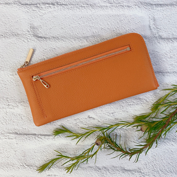 オレンジ模様の長財布 薄くて軽いL字長財布 24枚カードポケット 牛革シュリンク オレンジ 長
