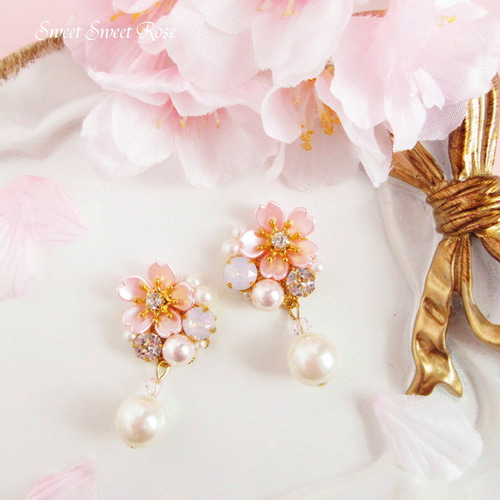 再販】桜ビジューとパール ～Sweet Pink～ イヤリング/ピアス/桜/花