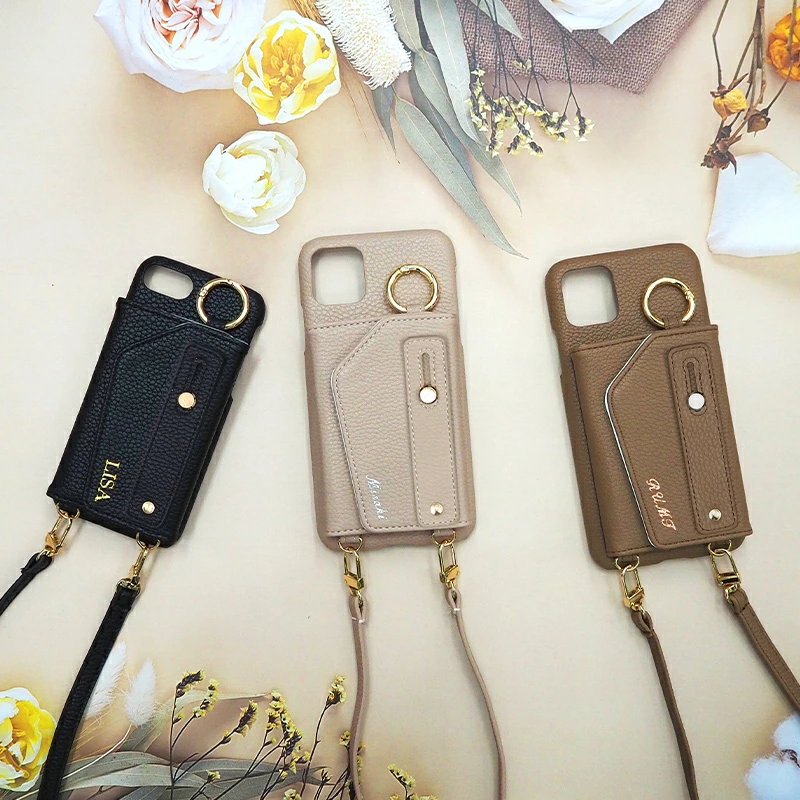 スマホケース ハード 全機種対応【くすみ レザー×ベルト付き×カード入れ×ロングストラップ×型押し名入れ】294