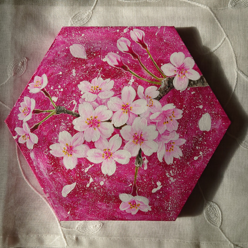 桜」六角形キャンバスSML三枚セット(ピンク) 絵画 atelier-kaza