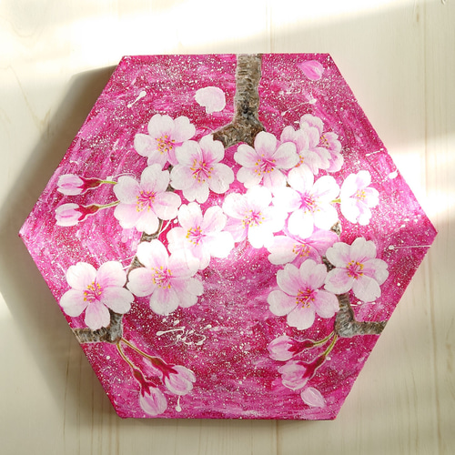 桜」六角形キャンバスSML三枚セット(ピンク) 絵画 atelier-kaza