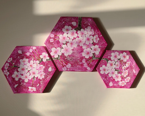 原画 アクリル画 『水辺の桜』 キャンバスボード SM号 作者
