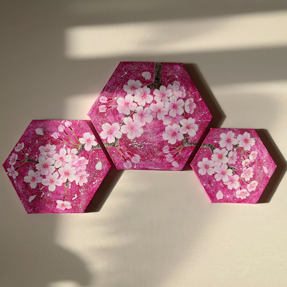桜」六角形キャンバスSML三枚セット(ピンク) 絵画 atelier-kaza