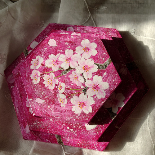 桜」六角形キャンバスSML三枚セット(ピンク) 絵画 atelier-kaza 桜」六角形キャンバスSML三枚セット(ピンク) 絵画 atelier-kaza