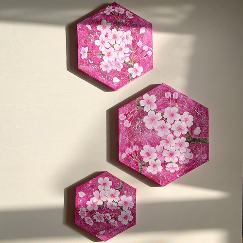 桜」六角形キャンバスSML三枚セット(ピンク) 絵画 atelier-kaza