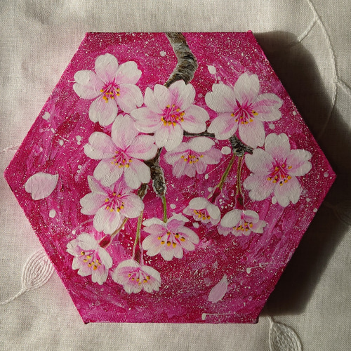 原画 アクリル画 『水辺の桜』 キャンバスボード SM号 作者サインあり 642e532f30126b15a7a55a15619bfb