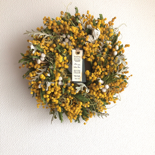 ミモザ　イタリア産ミランドールとルナリアのハーフリース　グレビレア　春 ミモザ イタリア産ミランドールとルナリアのハーフリース グレビレア