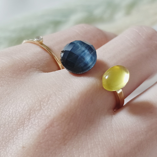 ミモザカラー 天然石リング 希少石 イエロープレナイト ブルータイガー