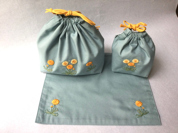 たんぽぽ刺繍のお弁当袋(細長型)、巾着袋 5枚目の画像