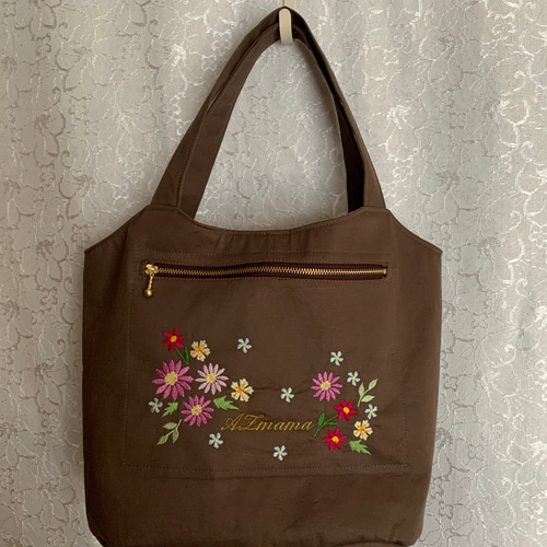 花束刺繍のトートバッグ(茶色) トートバッグ AZmama 通販