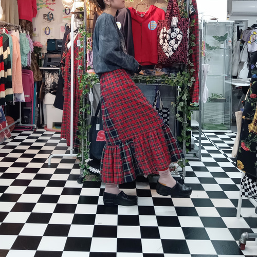 タータンチェック　ミックス裾ギャザーロングスカート