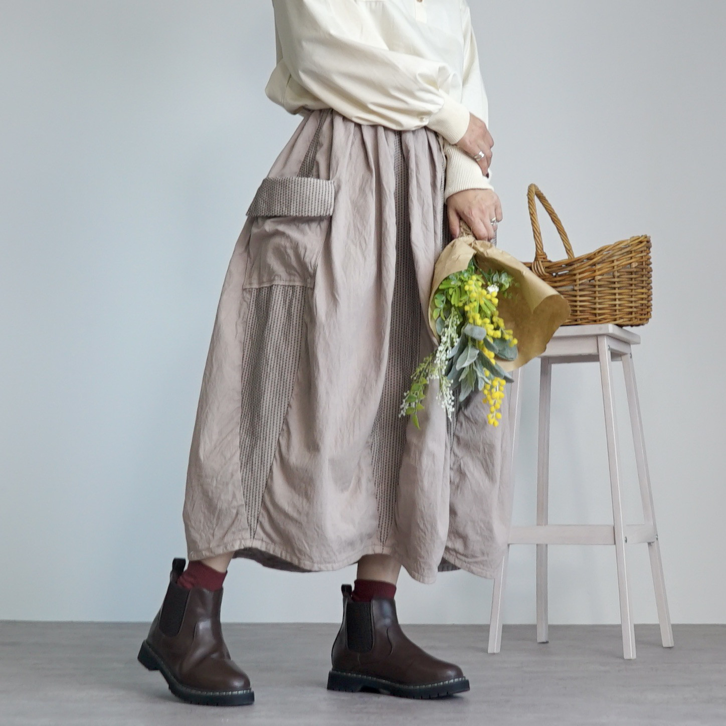 バレルスカート/ピンクベージュ/三河木綿 刺し子織 ロング