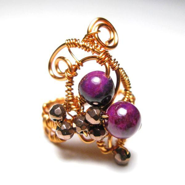 ミラクルツールワイヤーワークジュエリー(ワイヤーアート/【紫の波動】 ワイヤーリング： スギライト/ヘマタイト【634】