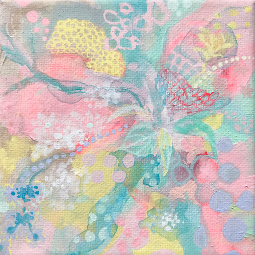 ミニアート◇抽象画「春がきた」ミニパネル10cm角/キャンバス