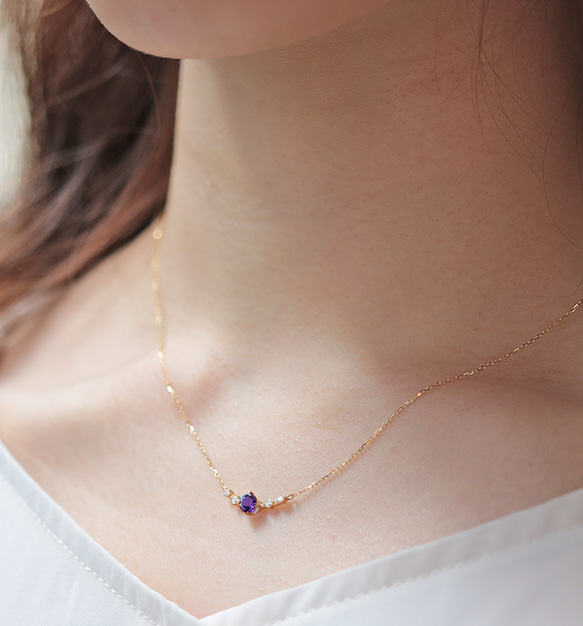 K18 紫水晶和鑽石項鍊（圓形切割）~Ello Lily~ 二月生日石 第2張的照片