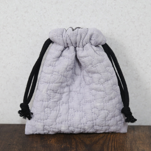 ヌビ生地♡刺繍巾着バック/生成り×合皮 りんご狩り ヌビ